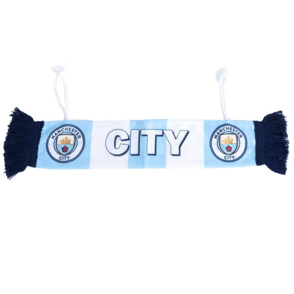 Lyseblåt og hvidt Manchester City mini tørklæde med mørkeblå frynser og logoer på begge ender.