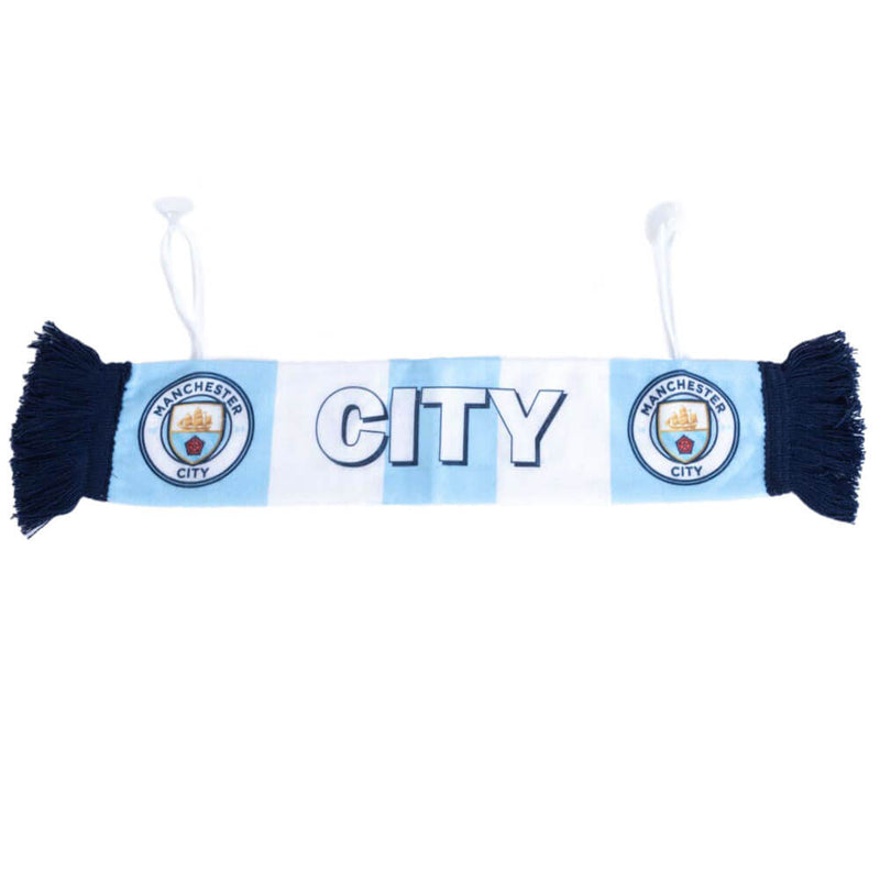 Lyseblåt og hvidt Manchester City mini tørklæde med mørkeblå frynser og logoer på begge ender.