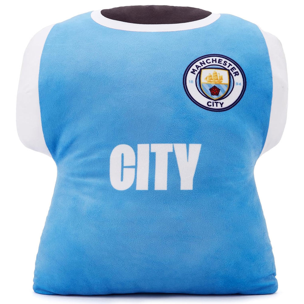 Manchester City pude med emblem og ordet "CITY", designet som en fodboldtrøje i lyseblå og hvid.