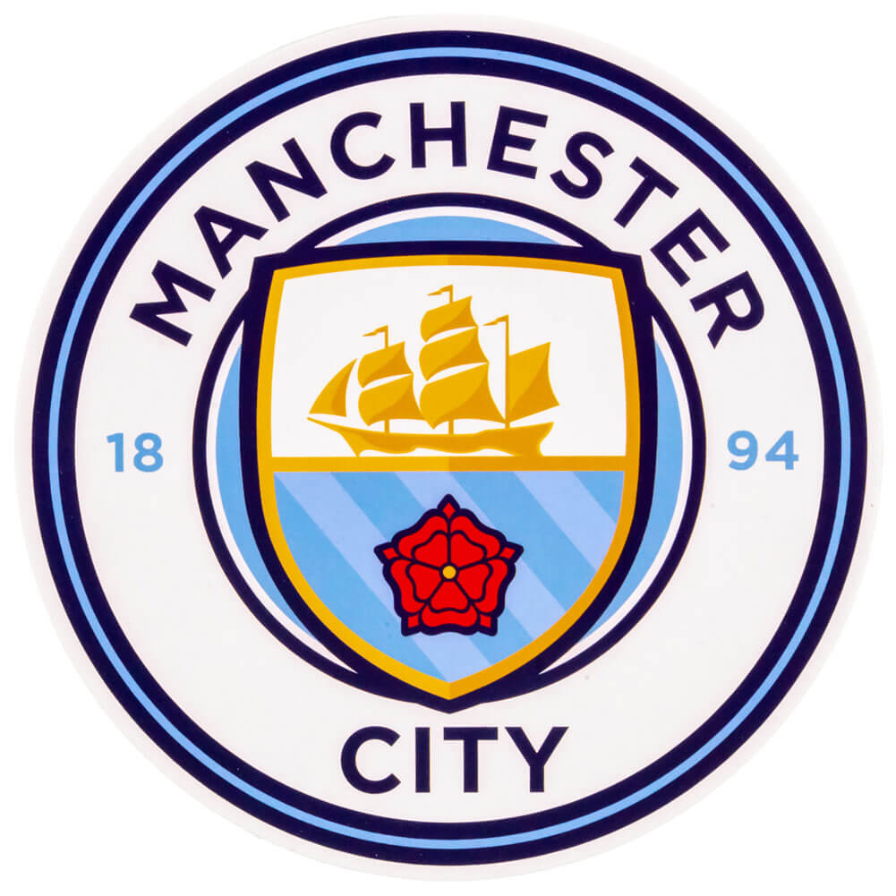 Rundt Manchester City klistermærke med logo, skib, rød rose på hvid baggrund.
