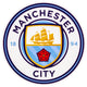 Rundt Manchester City klistermærke med logo, skib, rød rose på hvid baggrund.