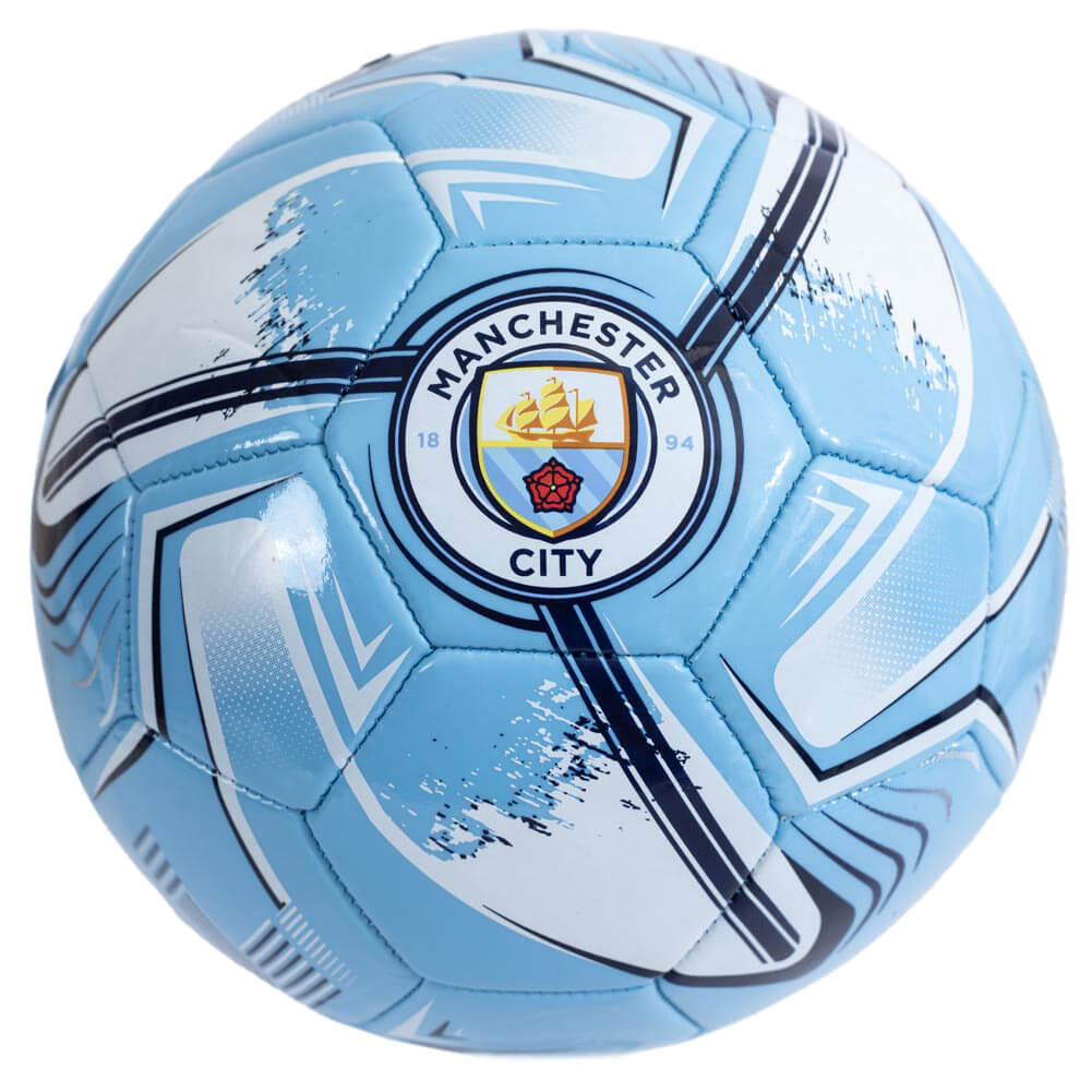 Blå Manchester City fodbold med logo, hvide og mørke linjer, størrelse 5.