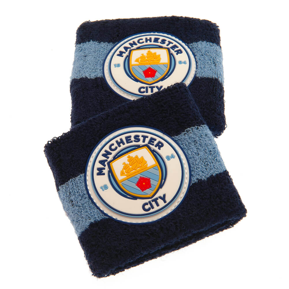 To svedbånd med Manchester City-logo og striber i to blå nuancer.