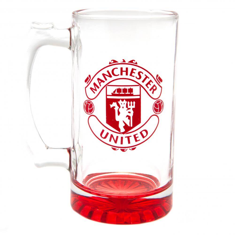 Glas med Manchester United-logo i rødt og en rød bund.