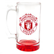 Glas med Manchester United-logo i rødt og en rød bund.