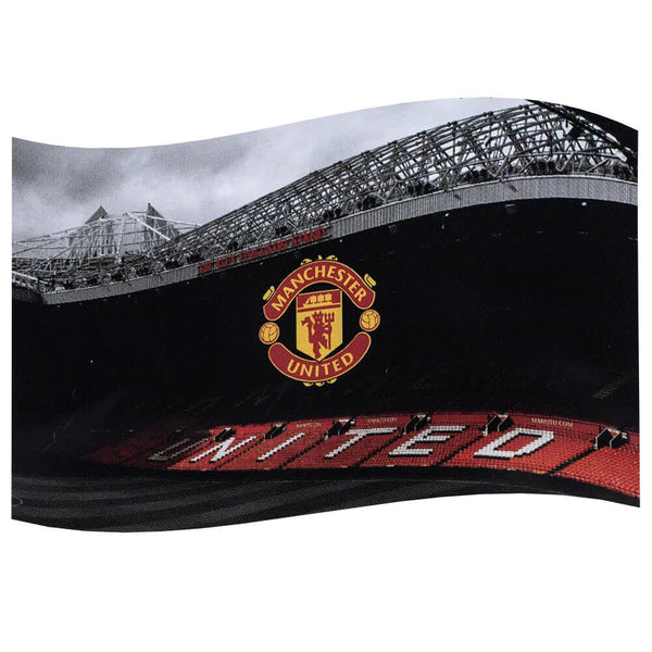 Manchester United flag med Old Trafford design, klublogo og "UNITED" på røde sæder.