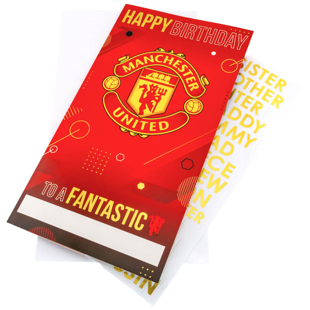 Rødt Manchester United fødselsdagskort med logo, teksten "Happy Birthday" og "To a Fantastic."