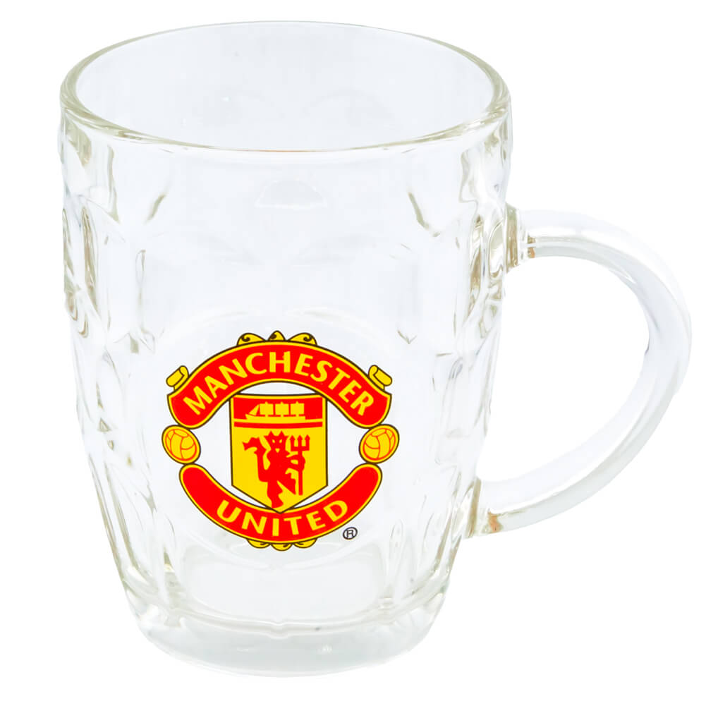 Glas med Manchester United-logo i rød og gul på forsiden.