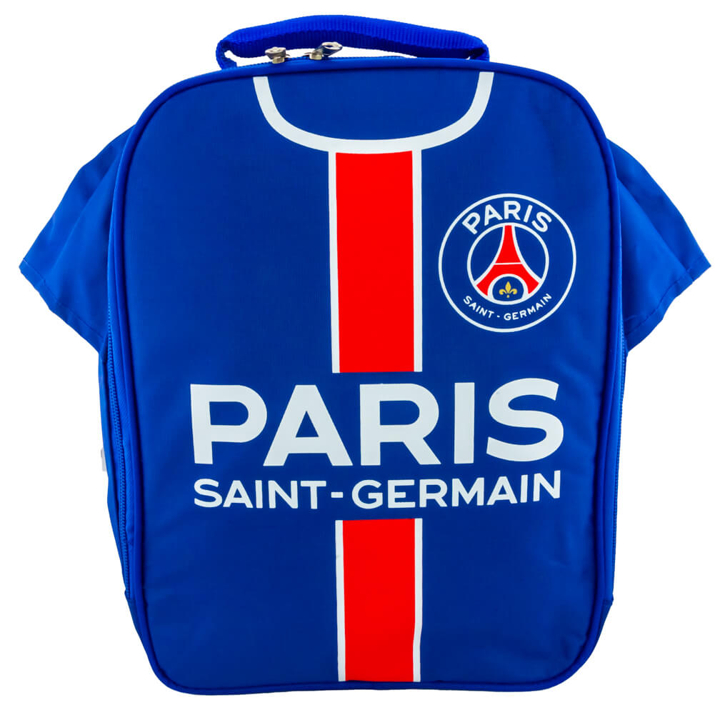 Blå PSG madpakke taske med rød-hvid stribe, logo og teksten "PARIS SAINT-GERMAIN" i hvid.