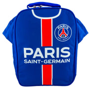 Blå PSG madpakke taske med rød-hvid stribe, logo og teksten "PARIS SAINT-GERMAIN" i hvid.