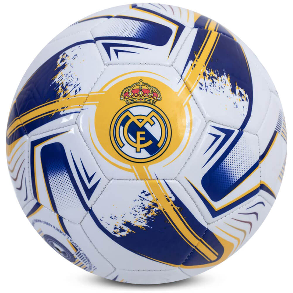 Fodbold med Real Madrid design, blå og gul på hvid baggrund, traditionel panelkonstruktion.