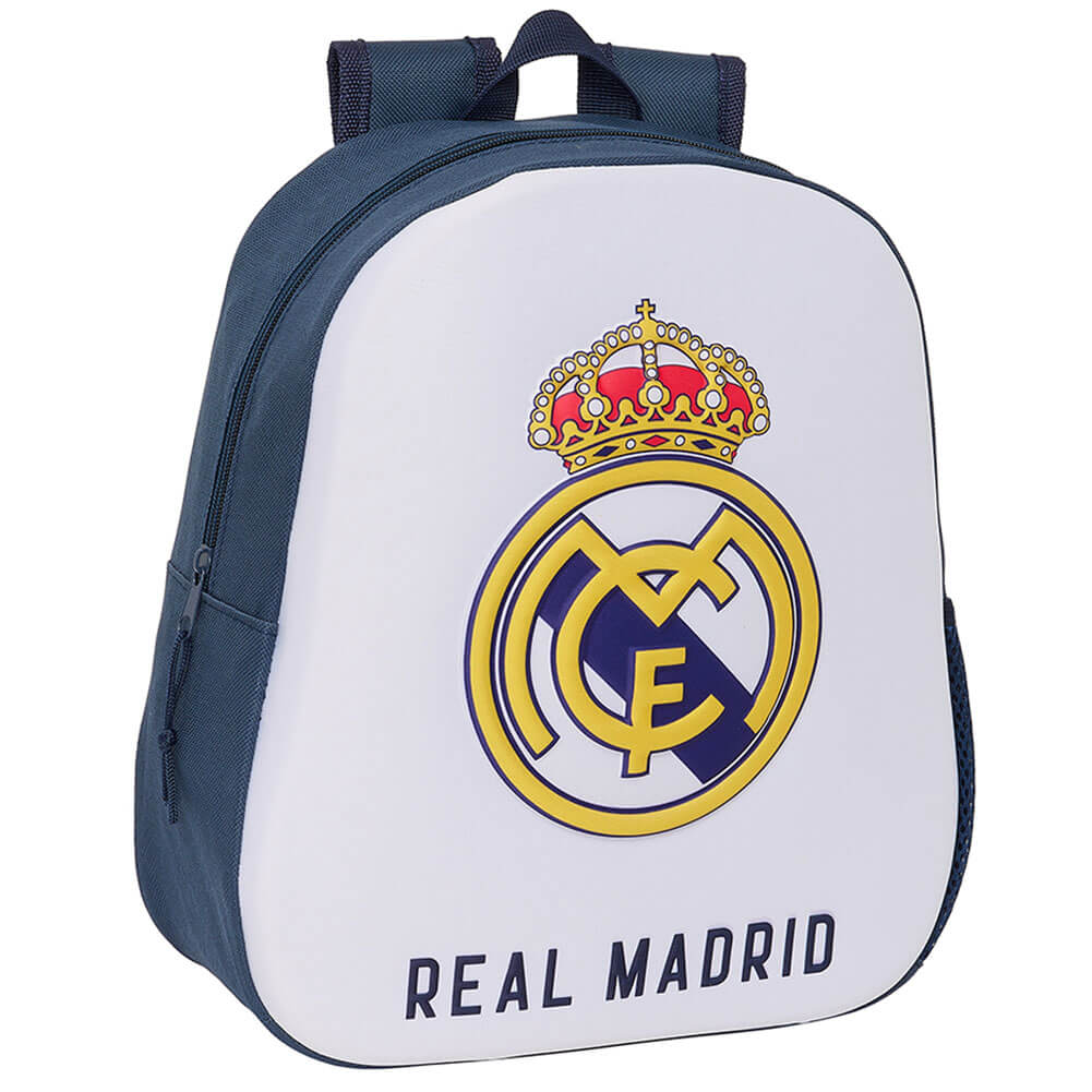 Real Madrid Junior rygsæk med stort klublogo og krone på hvid baggrund, teksten "REAL MADRID" nederst.
