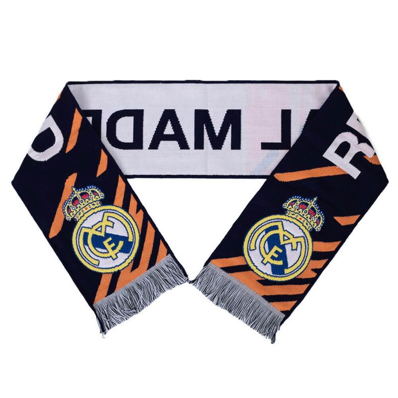 Navy halstørklæde med Real Madrid-logo, orange striber og teksten "REAL MADRID".