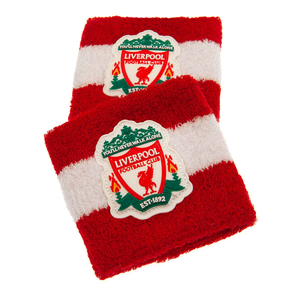 To røde og hvide svedbånd med Liverpool FC-logo, der viser en rød fugl og teksten "You'll Never Walk Alone".