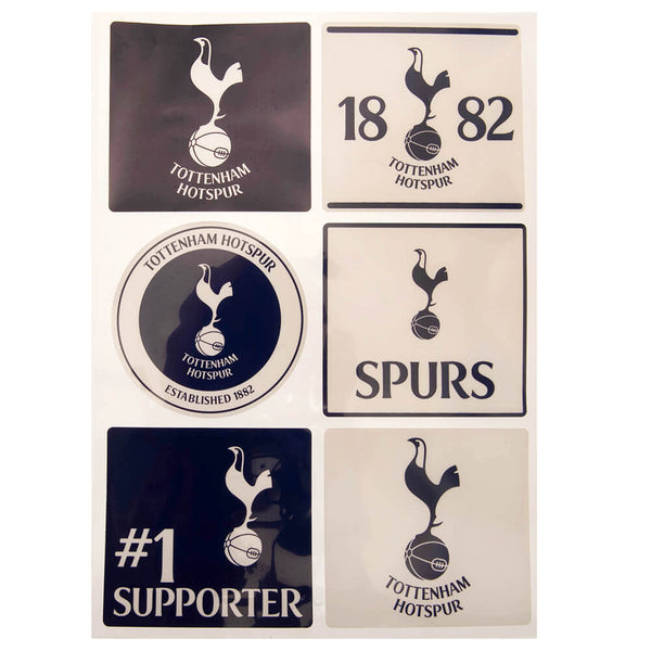 Tottenham Hotspur-klistermærker med logo, "#1 SUPPORTER", "SPURS", og "18 82" i sort/hvid.