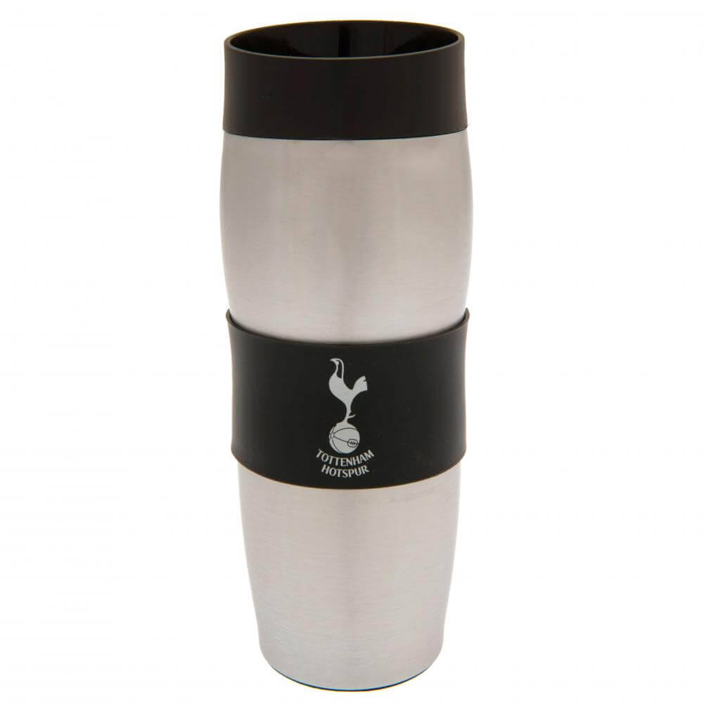 Sølvfarvet Tottenham Hotspur termokrus i rustfrit stål med sort bånd og logo.