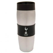 Sølvfarvet Tottenham Hotspur termokrus i rustfrit stål med sort bånd og logo.
