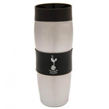Sølvfarvet Tottenham Hotspur termokrus i rustfrit stål med sort bånd og logo.