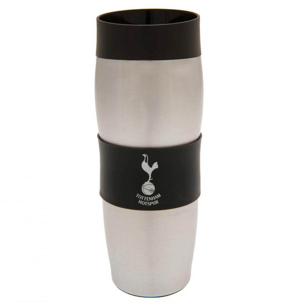 Sølvfarvet Tottenham Hotspur termokrus i rustfrit stål med sort bånd og logo.