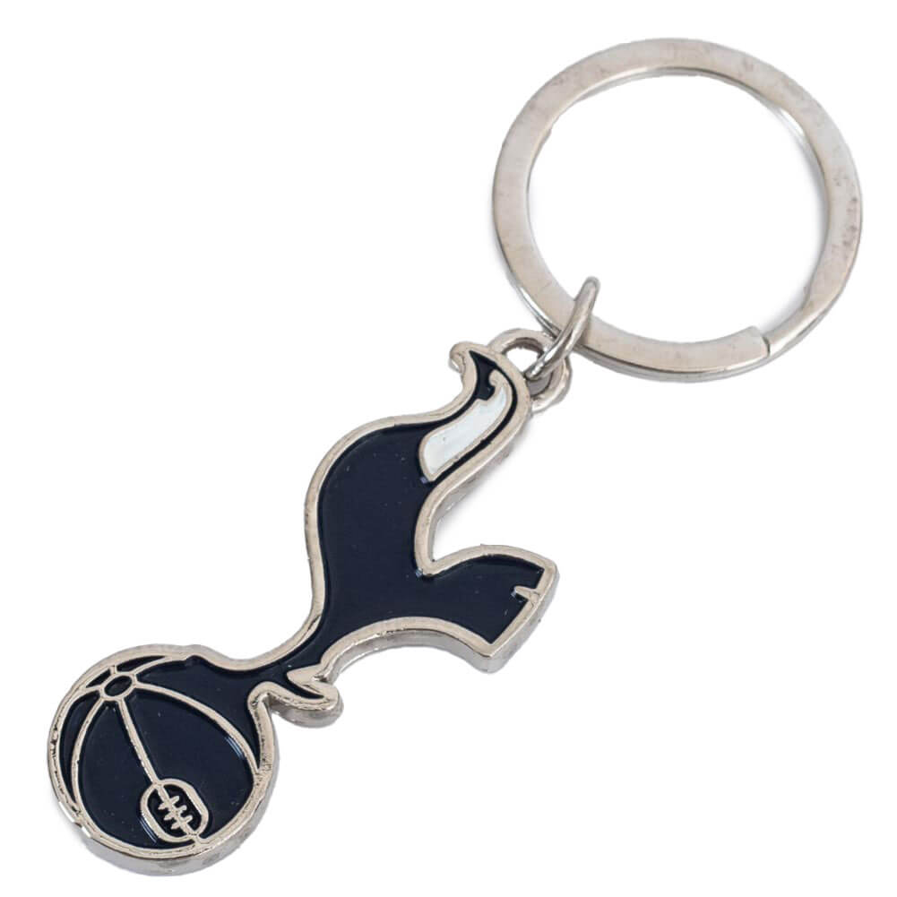 Nøglering med Tottenham Hotspur-logo, fugl over fodbold, i mørkeblå, hvid og sølv på hvid baggrund.