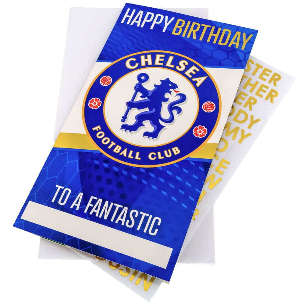 Chelsea FC fødselsdagskort med logo, "Happy Birthday" og plads til personlig besked.