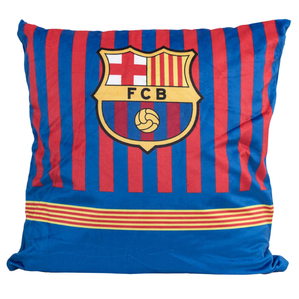 Firkantet pude med FC Barcelona-logo og lodrette blå-røde striber.