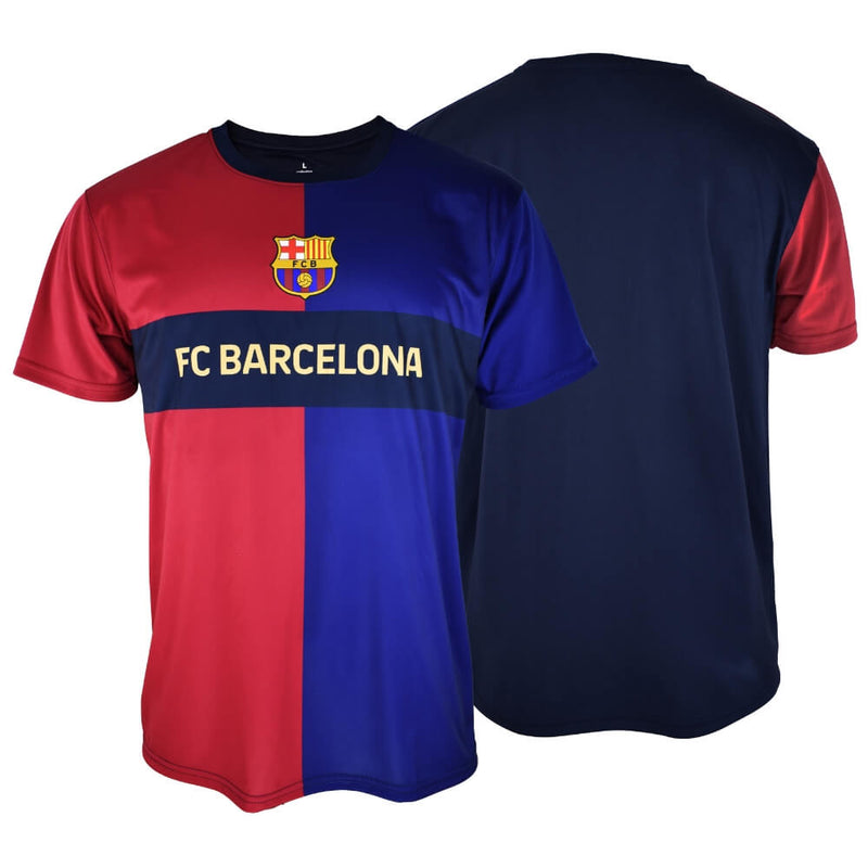 FC Barcelona børne-T-shirt med logo, rød/blå front og ensfarvet navy blå bagside.