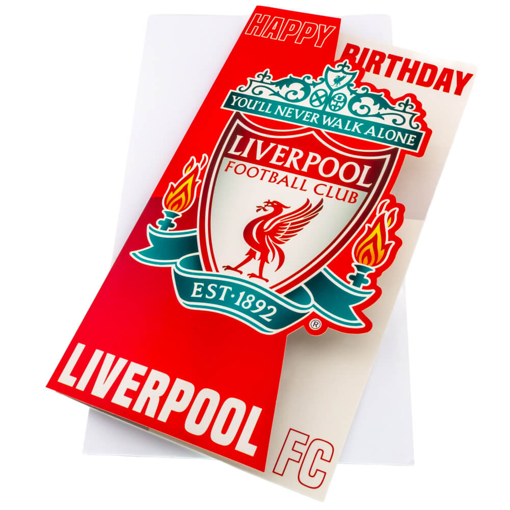 Fødselsdagskort med Liverpool FC logo og tekst "Happy Birthday" og "Liverpool FC."