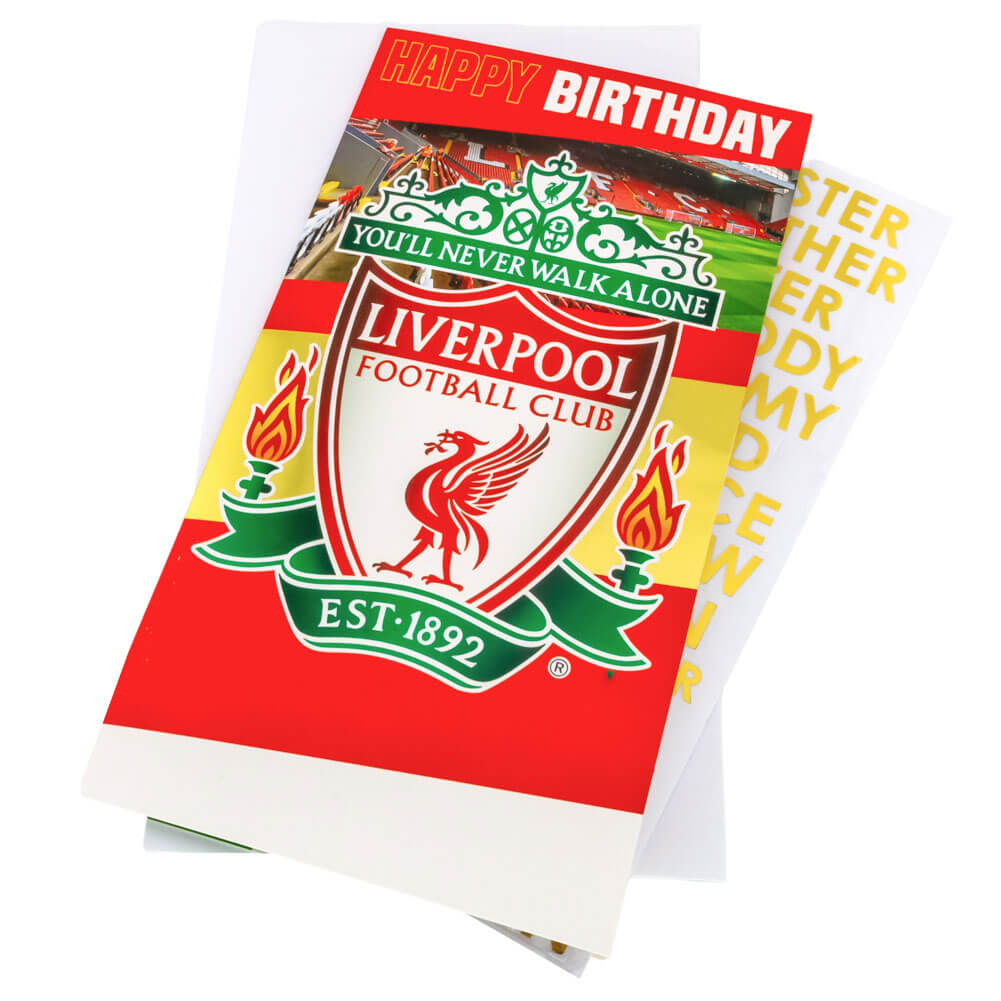 Liverpool FC fødselsdagskort med logo, rød farve og klistermærker til personliggørelse.