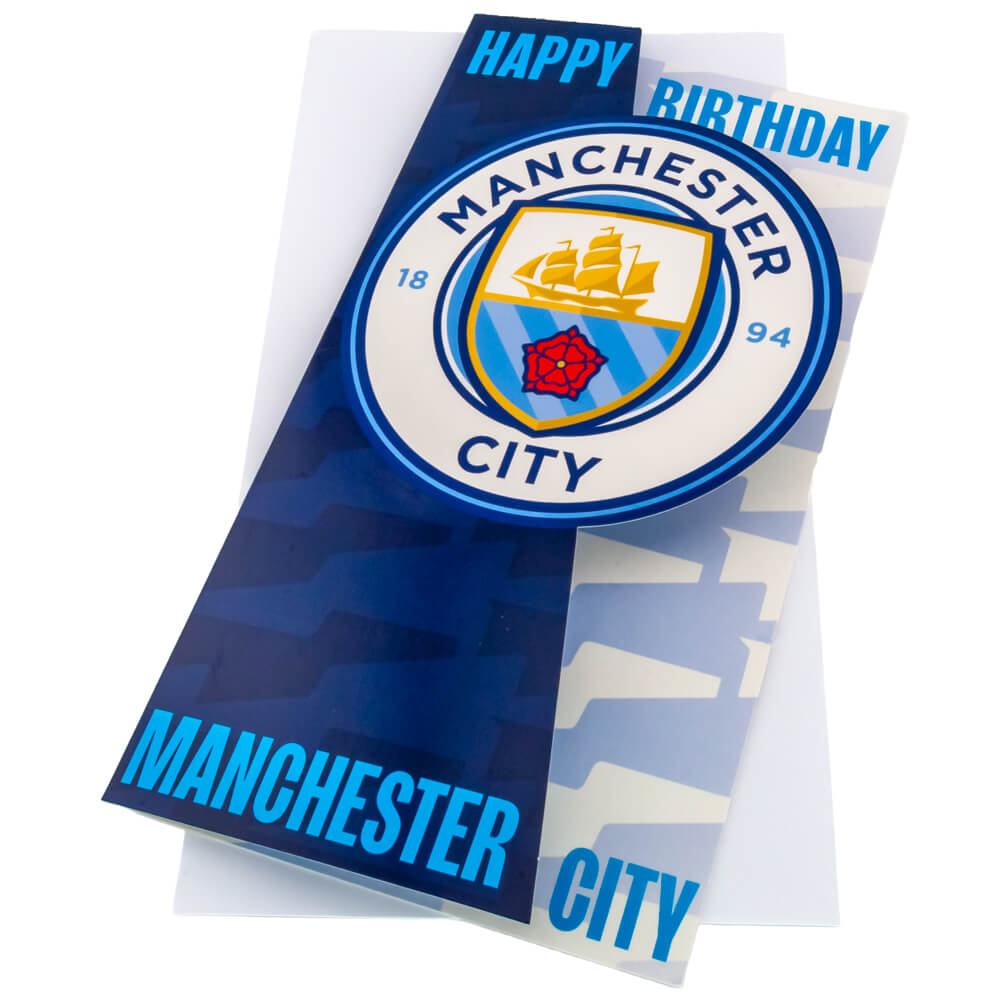 Fødselsdagskort med Manchester City-logo, skib og rose. Tekst: "Happy Birthday" og "Manchester City".