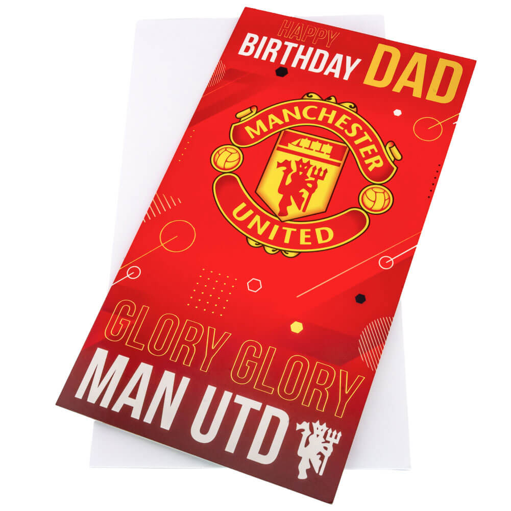 Fødselsdagskort med rød baggrund, Manchester United-logo, teksten "HAPPY BIRTHDAY DAD" og "GLORY GLORY MAN UTD".