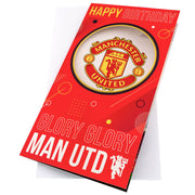 Fødselsdagskort med Manchester United logo, tekst "Happy Birthday" og "Glory Glory Man Utd."