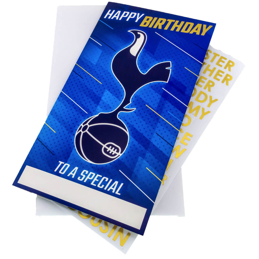 Blåt kort med Tottenham-logo, "Happy Birthday" og plads til personlig tekst.