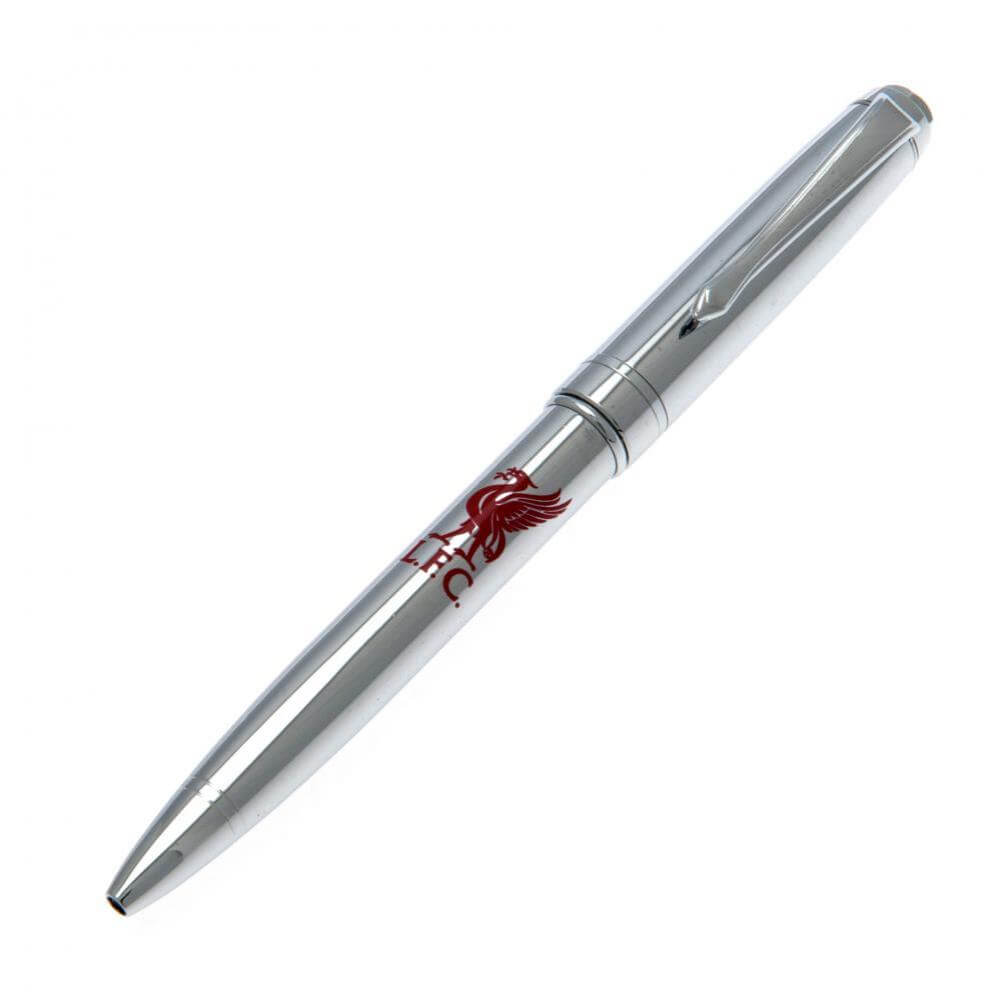 Chrome kuglepen med Liverpool FC logo i rødt, liver bird og "L.F.C." tekst.