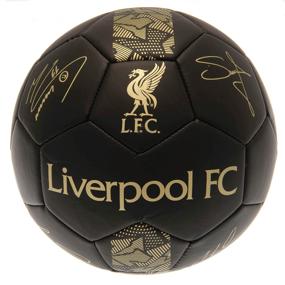 Sort fodbold med guld Liverpool FC logo og tekst, sekskantet design, størrelse 5.