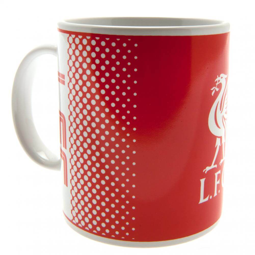 Rød Liverpool FC krus med hvidt logo og prikket mønster, standard form med hank.