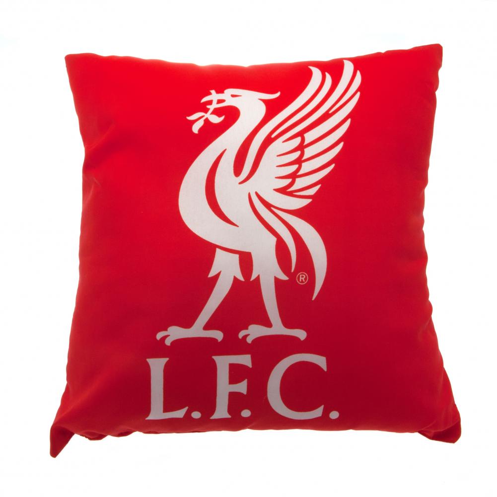 Rød pude med Liverpool FC logo, hvid Liverbird over teksten "L.F.C."