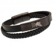 Sort læderarmbånd med glat og flettet læder, Liverpool FC-logo på metaldel.