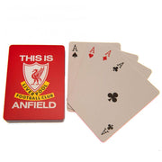 Liverpool FC spillekort med logo, tekst "This is Anfield" og fire esser i forskellige farver.