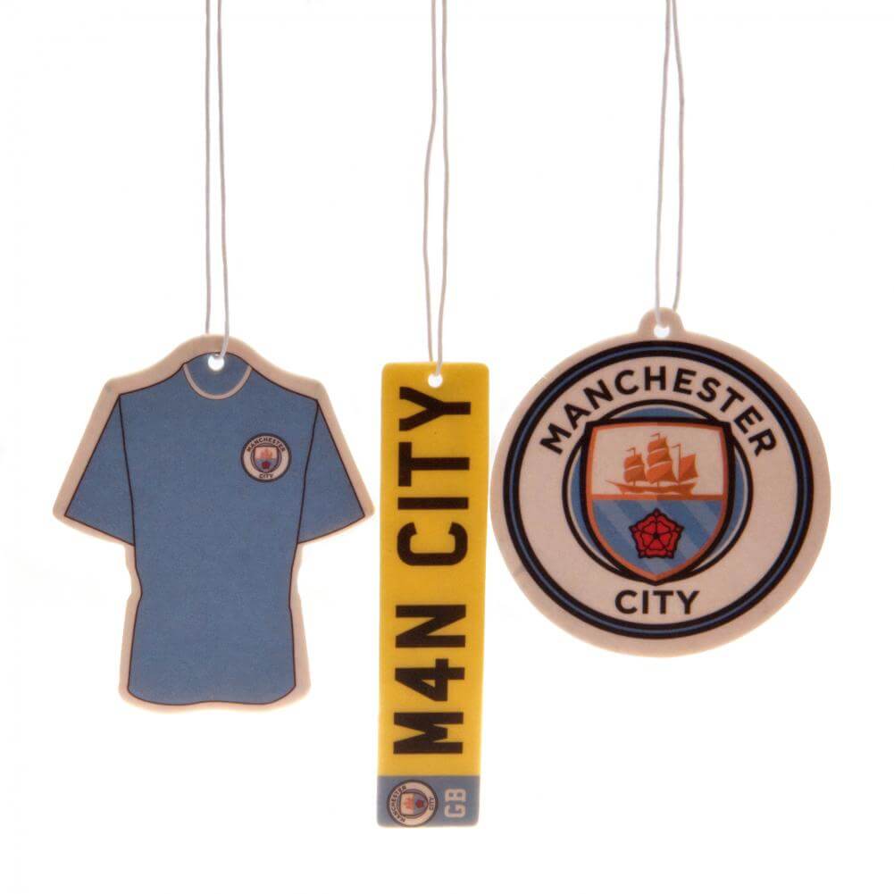 Tre Manchester City FC luftfriskere: en trøje, en rektangel med "M4N CITY", og et rundt badge.