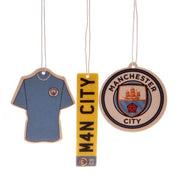 Tre Manchester City FC luftfriskere: en trøje, en rektangel med "M4N CITY", og et rundt badge.