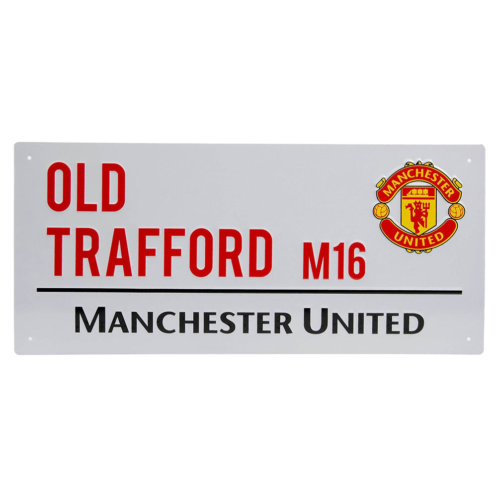 Skilt med "OLD TRAFFORD", "M16", Manchester United-logo, og teksten "Manchester United" nederst.
