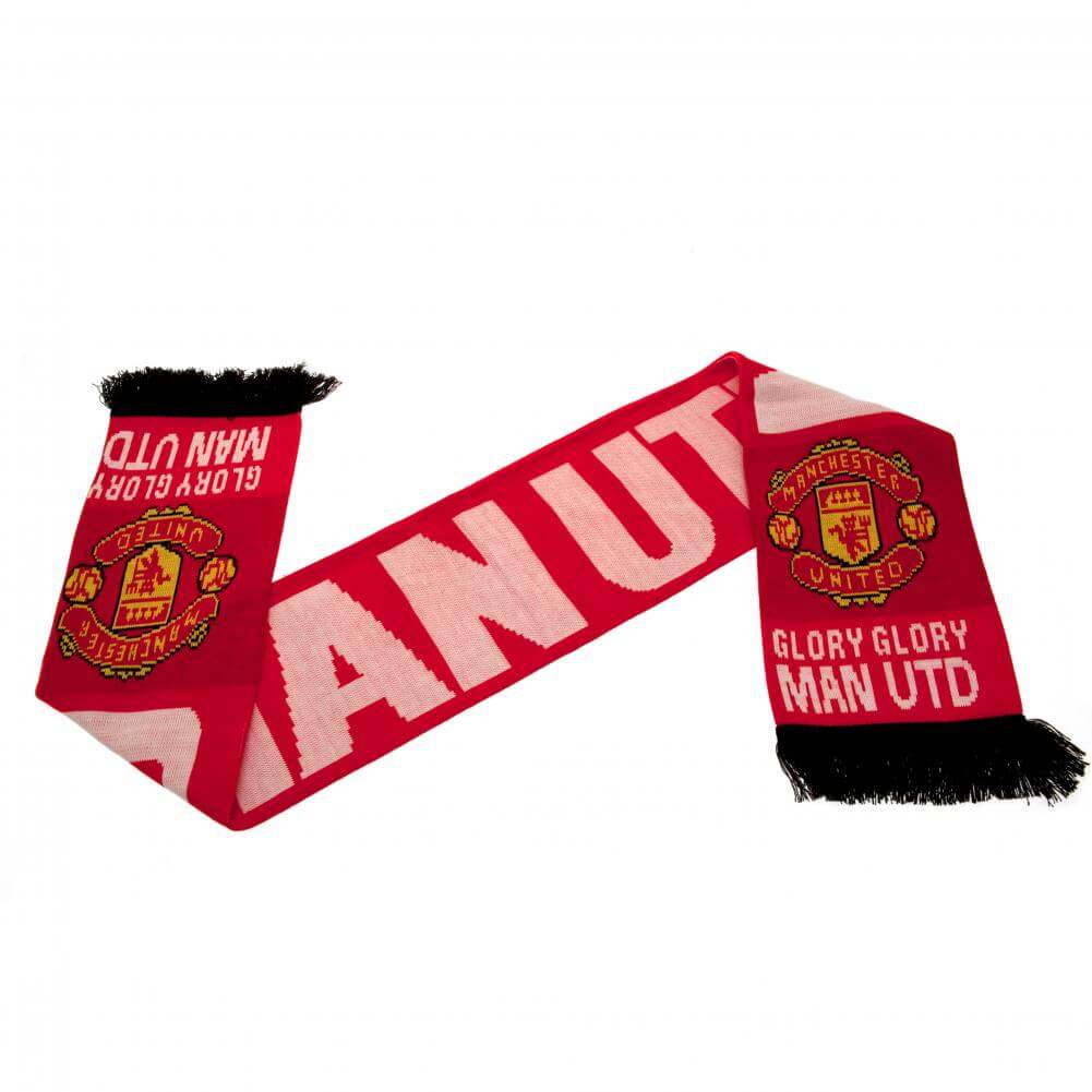 Rødt Manchester United halstørklæde med "MAN UTD", "GLORY GLORY MAN UTD" og klublogo på begge ender.