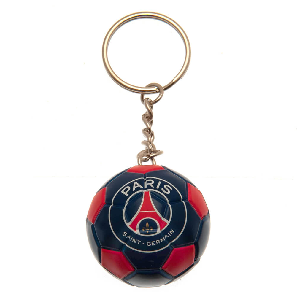 Rund PSG-nøglering i rød og blå med logo. Metalnøglekæde til fastgørelse.