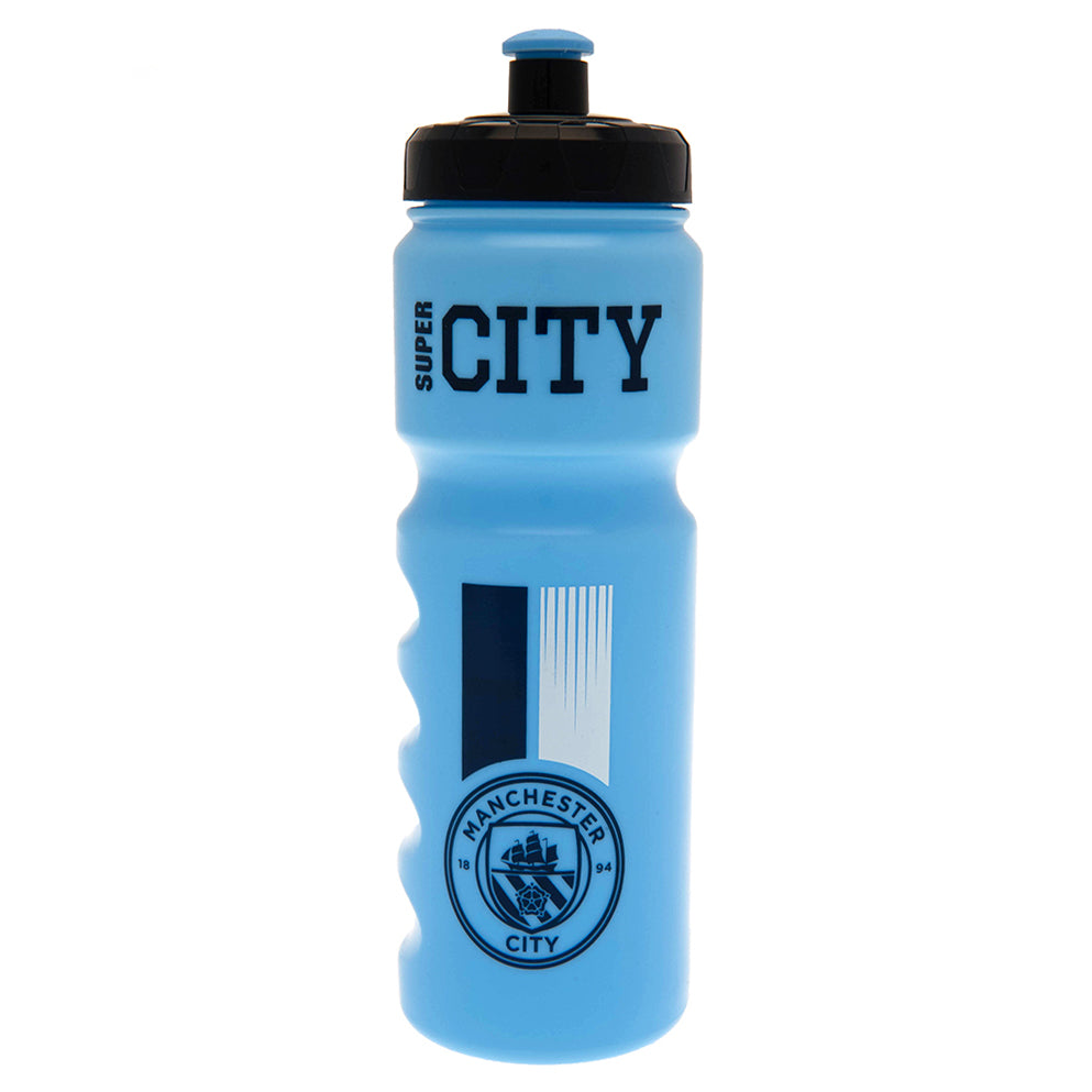 Blå Manchester City drikkedunk med teksten "SUPER CITY" og klubbens logo.