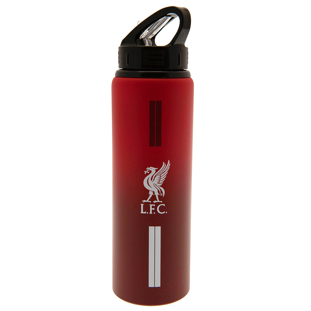 Rød Liverpool FC drikkeflaske i aluminium med logo og sorte låg med bærestrop.