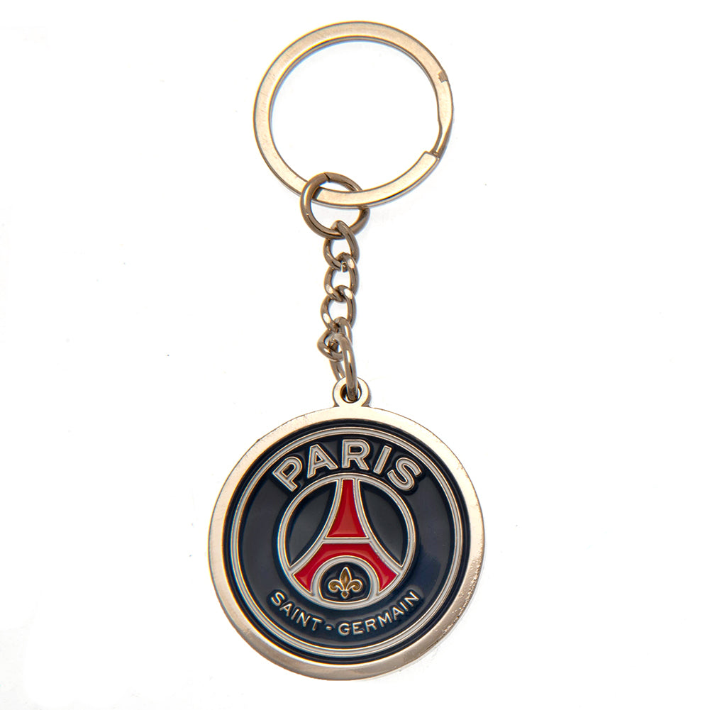 Rund nøglering med Paris Saint-Germain logo, rød Eiffeltårn på blå baggrund.