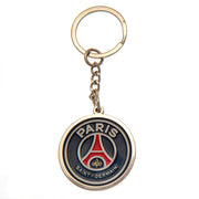 Rund nøglering med Paris Saint-Germain logo, rød Eiffeltårn på blå baggrund.