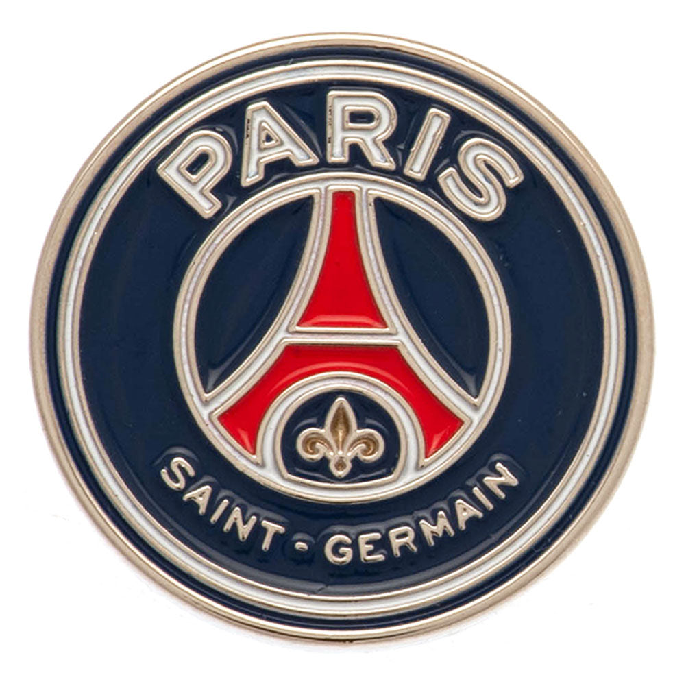 PSG-mærke med Eiffeltårn, mørkeblå baggrund, "PARIS" øverst, "SAINT-GERMAIN" nederst, fleur-de-lis.