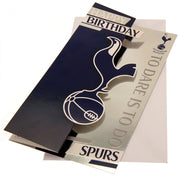 Fødselsdagskort med Tottenham Hotspur logo, teksten "Happy Birthday" og "To Dare Is to Do".
